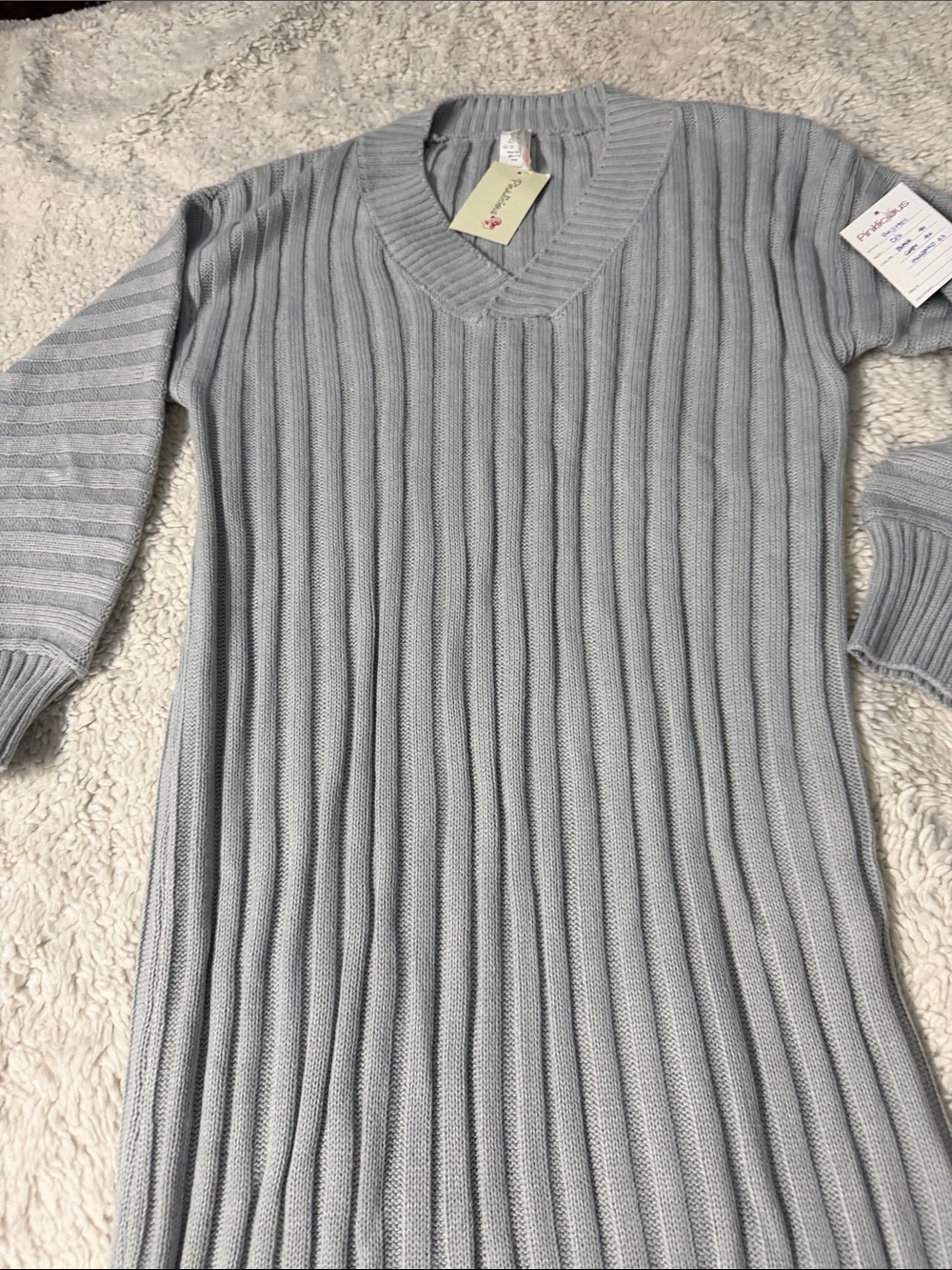 Classic Ribbed V-Neck Sweater Dress in Light Gray one size